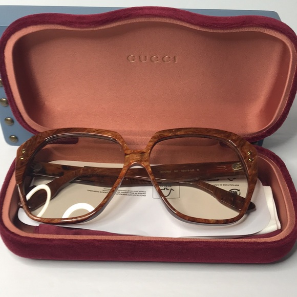 AuthGUCCI GG1249S 001 square sunglass dark wood brown frame light yellow lenses. - Picture 11 of 15